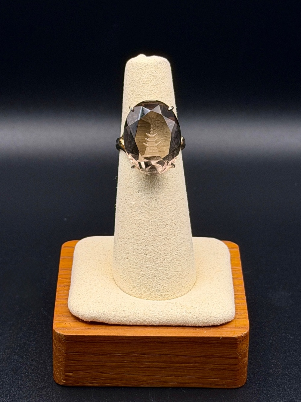 Vintage Japan Silver Smoky Quartz Pagoda Intaglio Ring Sz 5.5